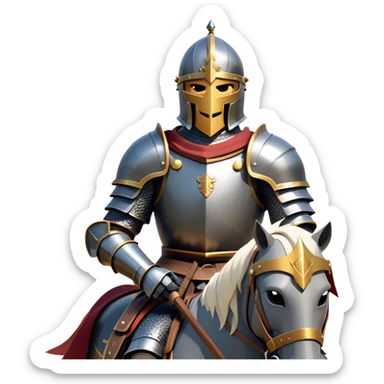clash-of-clans-aesthetic_-cinematic-fearsome-and-majestic-knight-bust-portrait-emoji, rendered in a flat, vector-style with minimal shading and bold, simplified shapes, depicting a battle-ready medieval knight with steely eyes and intricate armor, mounted riding on a black warhorse reflecting sunlight over a misty battlefield. sticker