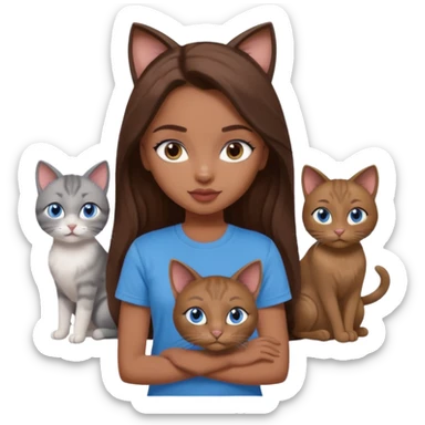 a pretty bratz dusky girl with long brown hair, blue eyes with six cats nd wearing a grey tshirt sticker