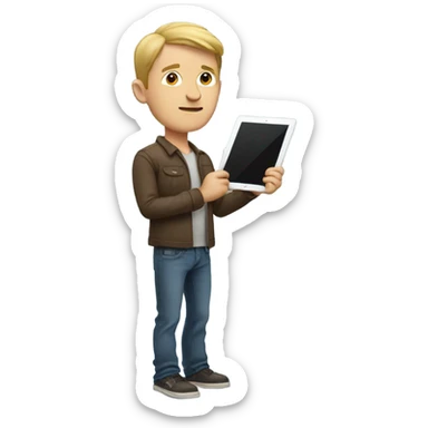 white man standing with ipad sticker