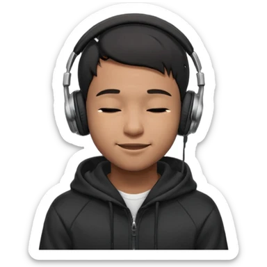 Young Black male, short hair, eyes closed, soft cheeky smile, calm and proud vibe. Dark hoodie, big black over-ear headphones. Focus on face and expression; exaggerate smile and eyes for small emoji size. Background optional. sticker