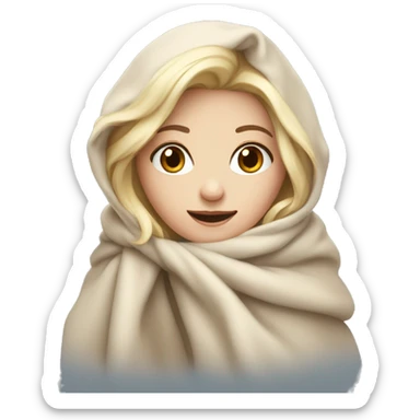 White blonde girl bundled up with beige blanket around her sticker