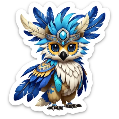 Furry cute colorful exotic tribal feral anime-styled Fakémon-Pokémon-animal-creature with a skull mask-head-face, big eyes, and a feather-mane-collar, and blue feathers, (full body), intricate pattern-markings sticker