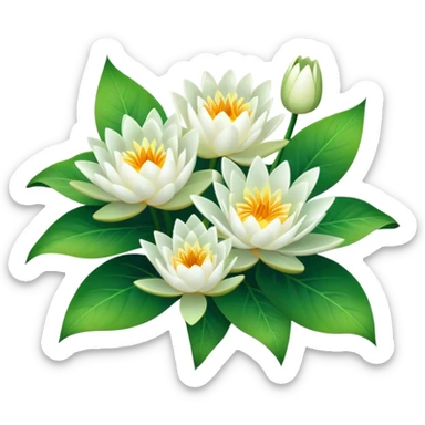 luxuriant, bouquet white Water Lily, stem, Water Lily leaf sticker