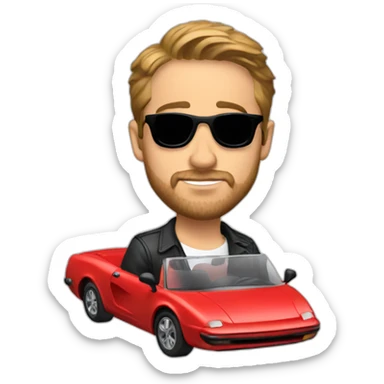 Ryan Gosling driving a tiny red car sticker