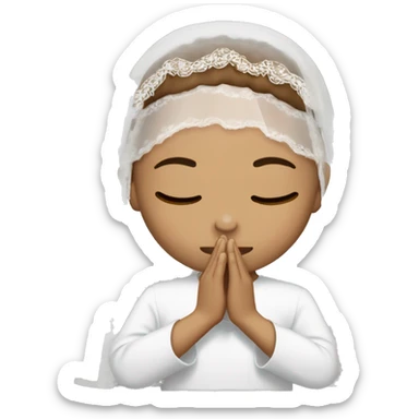 Light skin girl praying with eyes closed and lace white veil with brown boy sticker