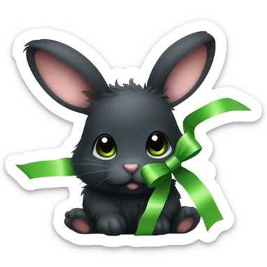 Simple cute fluffy baby black rabbit face with green ribbon sticker