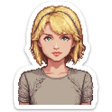 blonde girl with side-swept bangs, pixel art style sticker