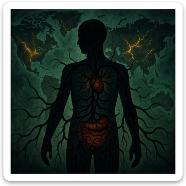 semi-realistic, high contrast; surreal scene, human figure with black tendrils radiating from gut and heart into all organs, world map background, glowing fissures, green mist, symbolic of global parasite impact sticker