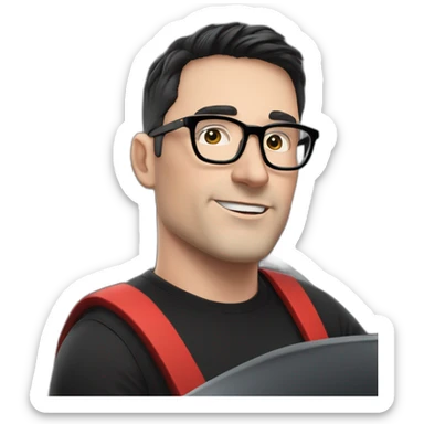 middle-age-lean-white-man-with-black-hair-&-glasses-wearing-tesla-t-shirt-inside-left-drive-black-tesla-model-3 sticker