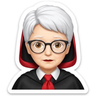 An older woman with glasses and white hair, in a red tie and black cape sticker