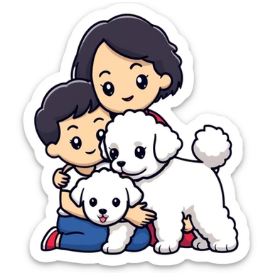 Woman with short black straight hair hugging a brown poodle and a white bichon frise sticker