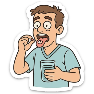 A male patient facing the front with his tongue out about to swallow two pills and holding a glass of water sticker