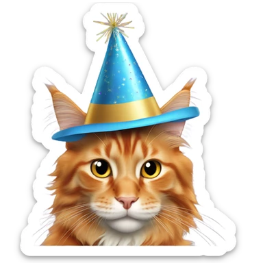 orange maine coon cat wearing a new year’s party hat sticker