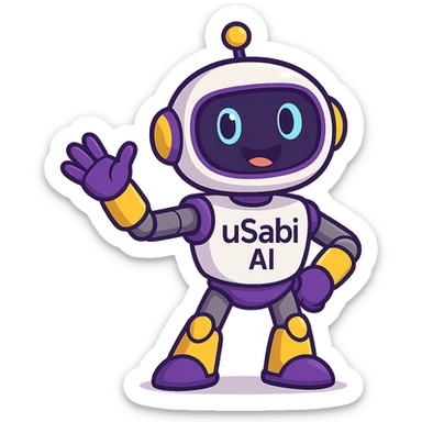 robot mascot for 'uSabi AI' with purple and yellow accents, expressive face, welcoming pose, modern techy and fun style sticker