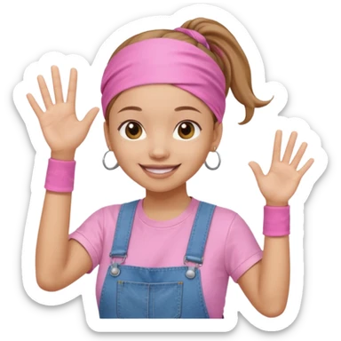 Light skin woman with brown ponytail and light pink head bandana. pink t-shirt with denim overalls. Expression is friendly with big smile and waving hello sticker