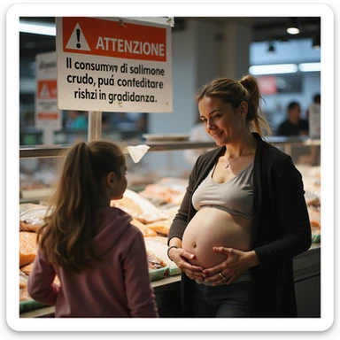 realistic pregnant woman in 4K showing the informational sign in a fish market with the text: “Attenzione, il consumo di salmone crudo può comportare rischi in gravidanza” to a little girl, explaining its meaning. sticker