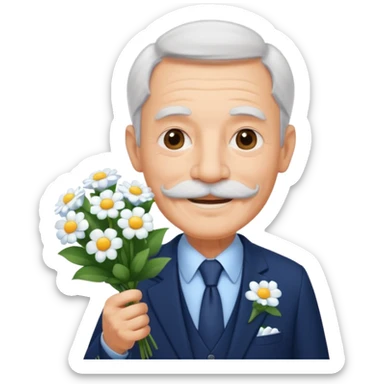 homme âgé en costume bleu foncé souriant avec moustache portant un bouquet fleurs blanche  sticker