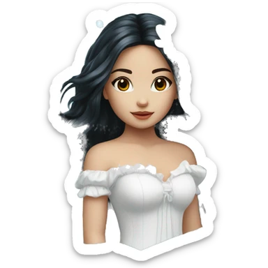 Pretty young Lady doll posing posed pose with long black hair flowers in hair white dress surrounded by flowing water sticker