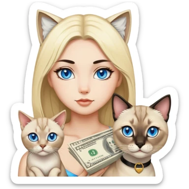 point lynx siamese cat with blue eyes and a girl with black hair and blonde money pieces in the front of the hair sticker