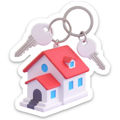 close-up side view of three white keys on a ring with a white house-shaped keychain, 3D Emoji style, soft shadows and highlights, no decoration, transparent background sticker