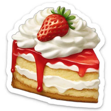 Slice of strawberry shortcake, layered with whipped cream and topped with a whole strawberry sticker