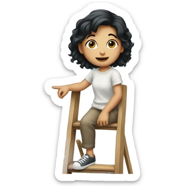 Small girl with black hair on ladder holding up finger sticker