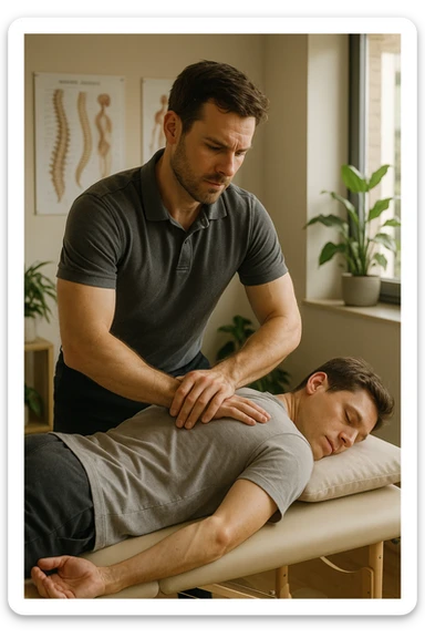 A realistic, cinematic illustration of a professional osteopath in his late 30s, wearing a fitted polo shirt in a neutral color, performing gentle manual manipulations on a patient to improve posture. The osteopath uses precise hand placement along the patient's upper back and cervical spine while the patient lies on a comfortable treatment table in a bright, modern clinic. Anatomical posters showing the spine and posture alignment are on the wall, and the room has warm, natural lighting with plants for a calming atmosphere. The scene emphasizes hands-on osteopathic care to restore body alignment, spinal mobility, and posture, showcasing trust, professionalism, and holistic care sticker