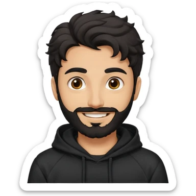 young fair skin pakistani guy smiling with black beard, wavy hair pushed back and brown eyes and big eyebrows, thin eyes , wearing black hoodie sticker