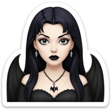 vampira mulher branca com cabelo preto longo com franja acima da sobrancelha e lábios com batom preto com colar preto e pingente de morcego preto sticker