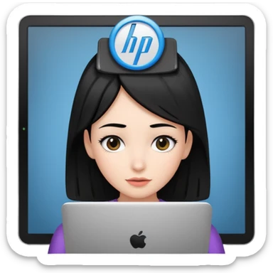 A girl is in front of an HP computer, holding it to her head, and her hair is black. sticker