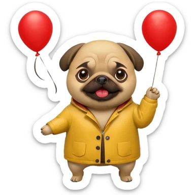 a pug in a yellow raincoat and a red balloon behind him sticker