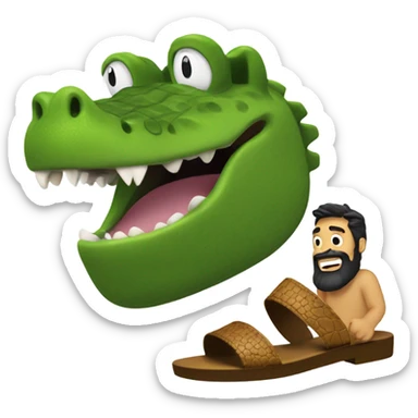 A croc sandal yelling at a guy with a small beard sticker