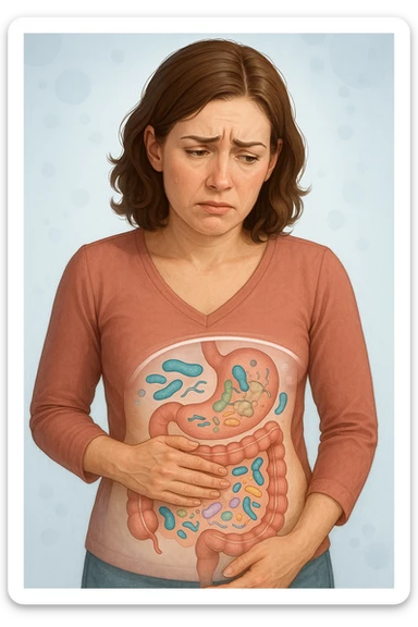 Donna con disequilibrio della flora microbica intestinale 4k sticker