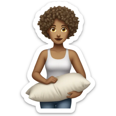 curly haired woman with light tanned skin walking tired dragging a pillow sticker