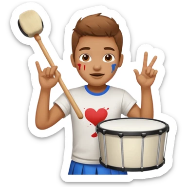 A loud fan, simple tee shirt with paint on his cheeks with a marching drum, beating it with enthusiasm sticker
