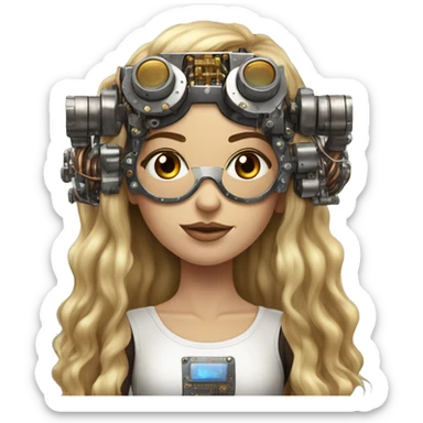Brown long hair with blonde steaks female cyborg head, fair skin, steampunk goggles and circuits sticker