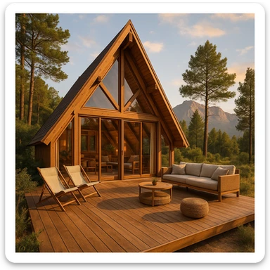 A-Frame house in a luxury glamping environment, elegant and detailed, with a wooden deck, outdoor seating, and scenic background, semi-realistic style sticker