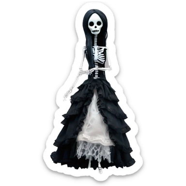 full height skeleton, tim burton "corpse bride", thin porcelain doll with a cracked face, goth makeup watery eyes, long hair, lace and ruffles, lolita style, inked, black and white, red roses sticker