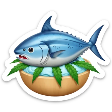 bluefin tuna in a gelato with cannabis leaf sticker