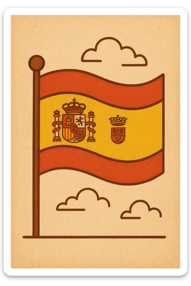 Add the Spanish coat of arms in the center of the flag, maintaining a minimalist style with bright red and yellow stripes, clean and simple design emphasizing warm colors. sticker