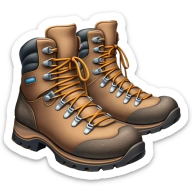 Cinematic Realistic Hiking Boots, well-worn leather boots resting on a rocky trail, scuffed edges and dirt-speckled laces adding character, glowing softly under the dappled sunlight filtering through the trees. sticker