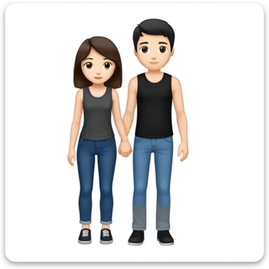 A girl with long brown hair holding the hand of a boy with short black hair, she wearing a black tank top with flared blue jeans, he wearing a black t-shirt with grey jeans, couple in love sticker