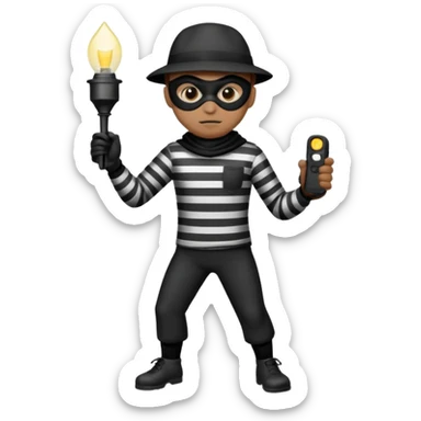 thief emoji tiptoeing with a flashlight, classic cartoon burglar look sticker