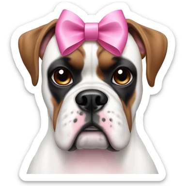 white boxer dog face with some black and pink features, with a pink bow on her head that has long ribbons sticker