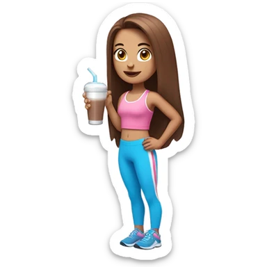 a girl with brown long straightened hair and blue eyes with pink leggings and pink sports top with a protein shake in her hand sticker