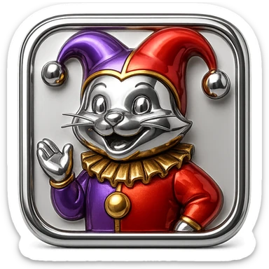 crazy colorful cute little cat jolly joker from poker, medieval, vintage, court jester, mac os icon, purple, gold and red color, half body. Squared shape as 3D mac os icon sticker