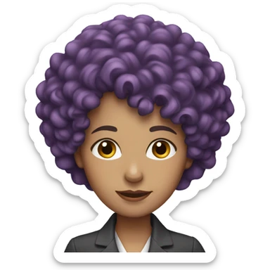 European, purple curly hair, woman, middle-aged, professional attire. sticker