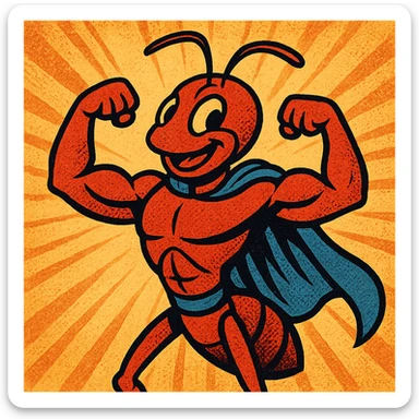 A picture of a cartoon any wearing a superhero cape and flexing its muscles sticker