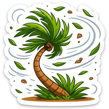 Make the cartoon palm tree in a storm more dramatic: trunk nearly horizontal, leaves wildly blown, add swirling wind and debris, keep the background transparent. Style: cartoon palm tree in storm with intense wind and swirling debris effects. sticker