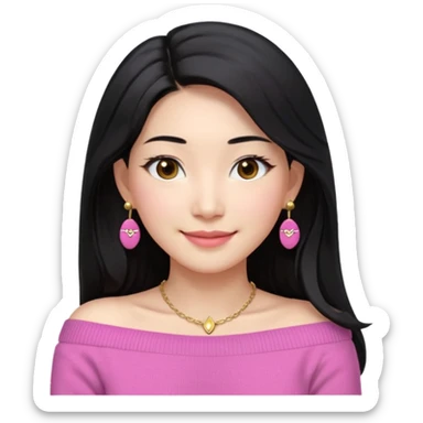 South Korean girl in her mid-thirties with long black hair parted in the middle. She is wearing a pink, off the shoulder long sleeve knit sweater, extra small gold earrings and a gold necklace. She has brown eyes with narrow, mono lid shape and smiling with lips together sticker